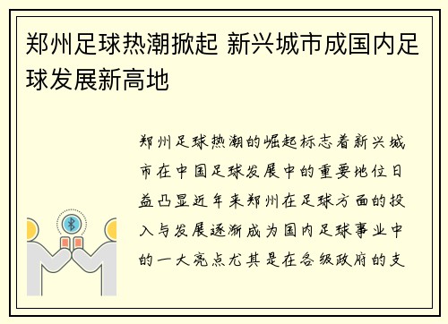 郑州足球热潮掀起 新兴城市成国内足球发展新高地