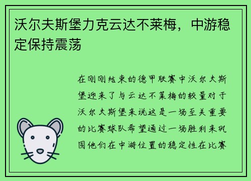 沃尔夫斯堡力克云达不莱梅，中游稳定保持震荡