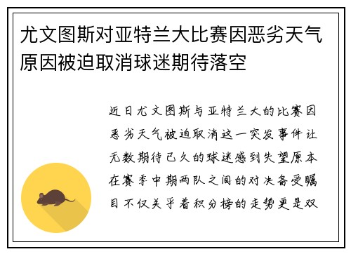 尤文图斯对亚特兰大比赛因恶劣天气原因被迫取消球迷期待落空