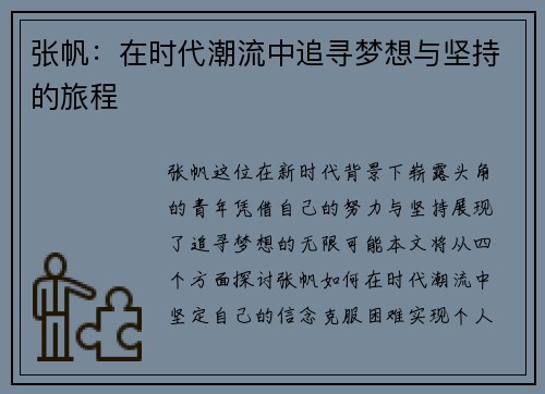 张帆：在时代潮流中追寻梦想与坚持的旅程