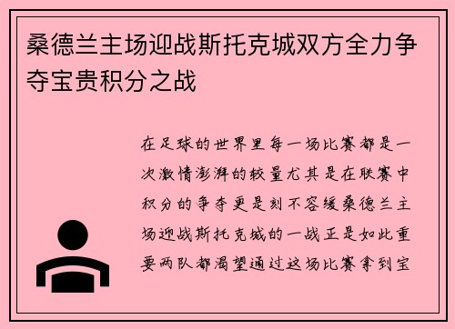 桑德兰主场迎战斯托克城双方全力争夺宝贵积分之战