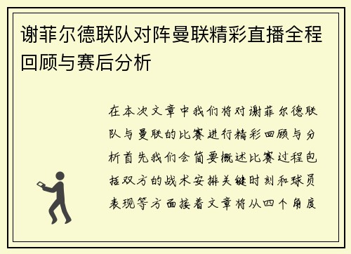 谢菲尔德联队对阵曼联精彩直播全程回顾与赛后分析