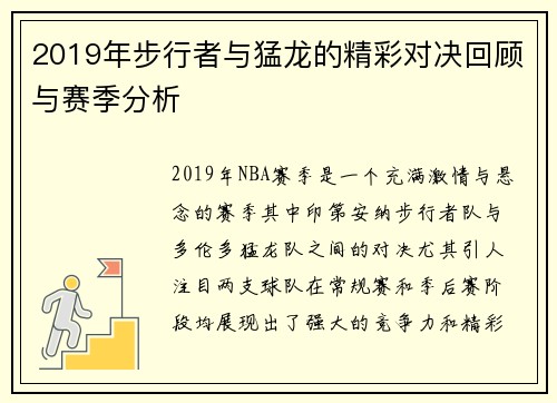 2019年步行者与猛龙的精彩对决回顾与赛季分析