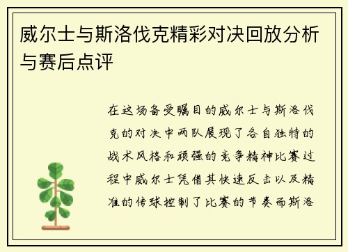 威尔士与斯洛伐克精彩对决回放分析与赛后点评