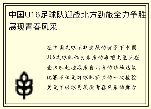 中国U16足球队迎战北方劲旅全力争胜展现青春风采