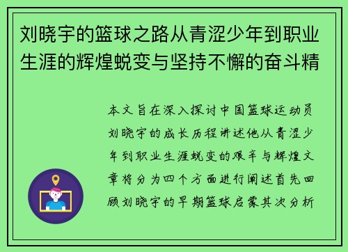 刘晓宇的篮球之路从青涩少年到职业生涯的辉煌蜕变与坚持不懈的奋斗精神