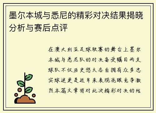 墨尔本城与悉尼的精彩对决结果揭晓分析与赛后点评